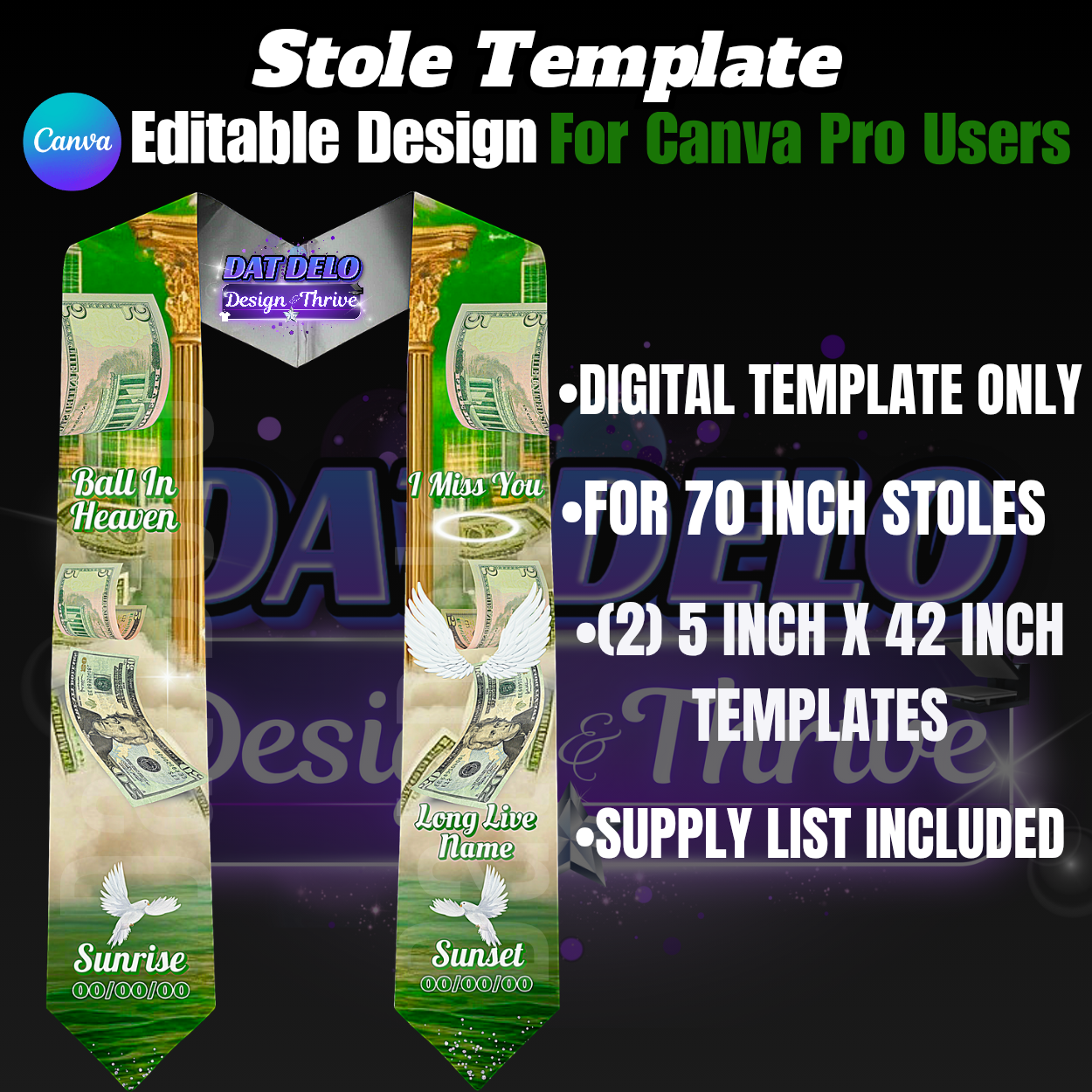 Money Green Editable Memorial Stole Design & Supply List (CanvaPro)