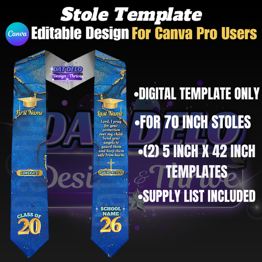 Editable Blue Marble Grad Stole Design & Supply List (CanvaPro)