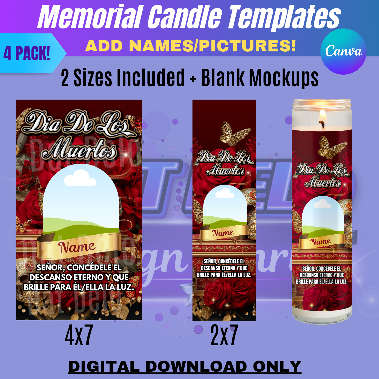Dia De Los Muertos Candle Template Bundle | 4-Pack Editable Canva Designs + Blank Candle Mockups, 2 Sizes Included