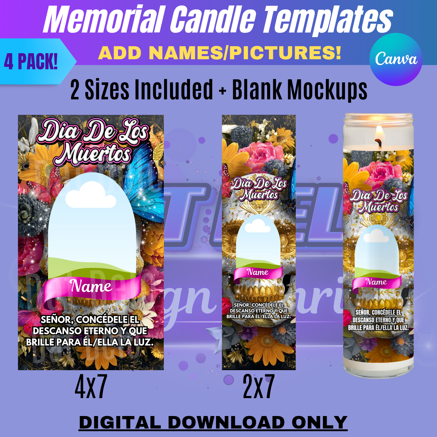 Dia De Los Muertos Candle Template Bundle | 4-Pack Editable Canva Designs + Blank Candle Mockups, 2 Sizes Included