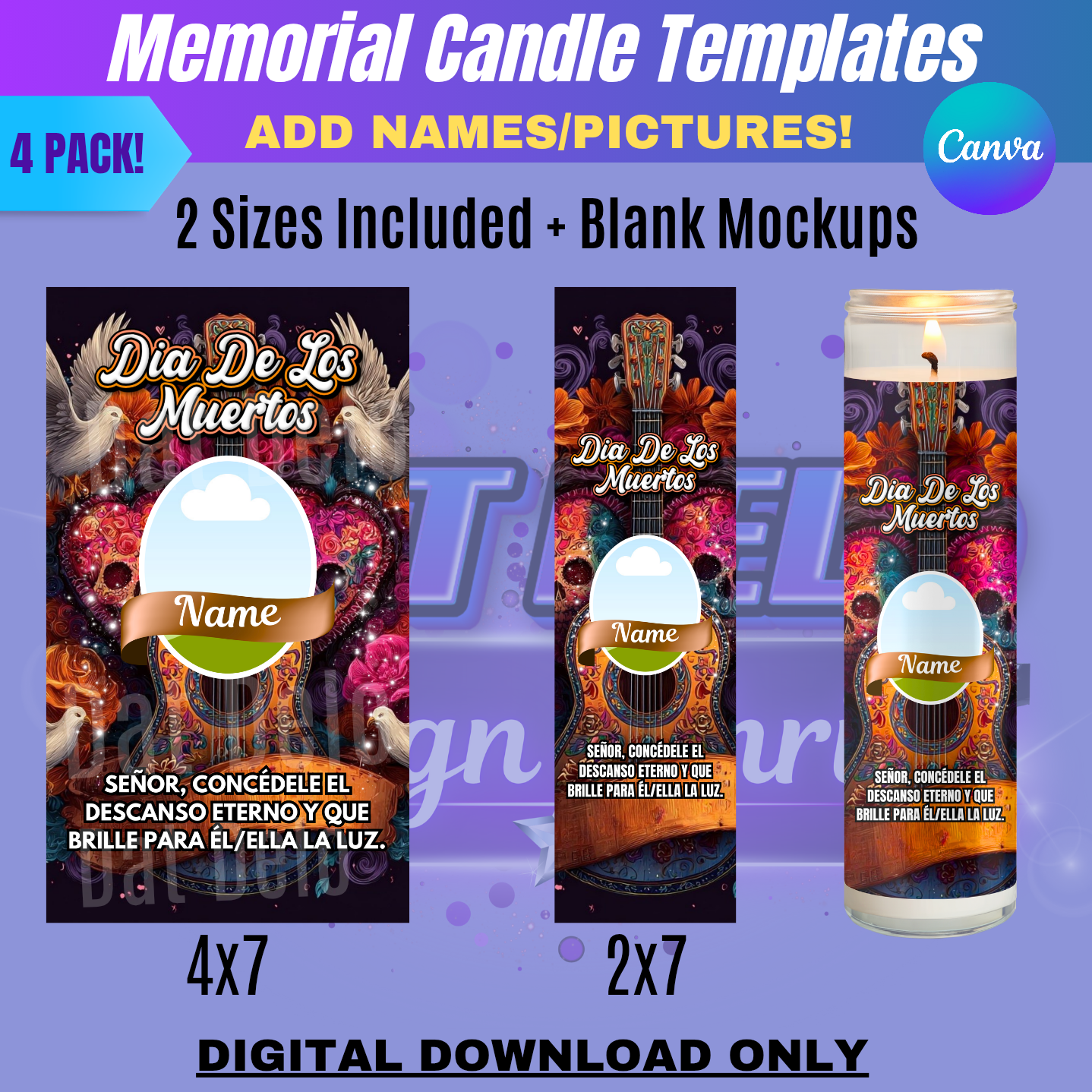 Dia De Los Muertos Candle Template Bundle | 4-Pack Editable Canva Designs + Blank Candle Mockups, 2 Sizes Included