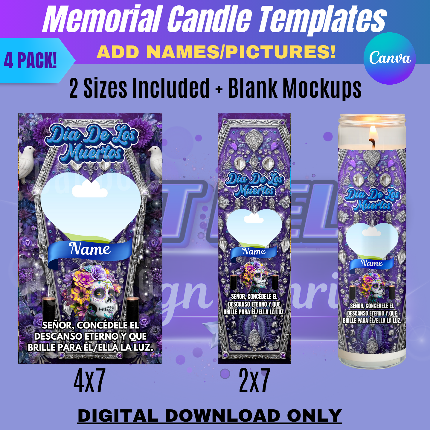 Dia De Los Muertos Candle Template Bundle | 4-Pack Editable Canva Designs + Blank Candle Mockups, 2 Sizes Included