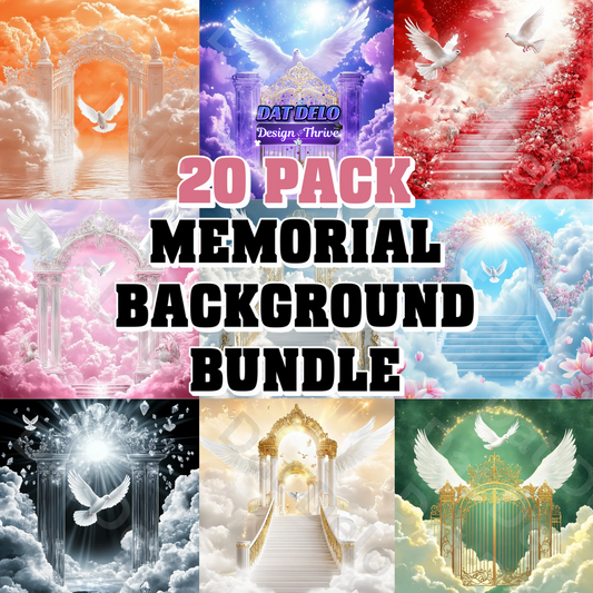 20-Piece Memorial Background PNG Bundle, Angelic Heaven Cloud Backdrops for Flyers, Memorials, and Custom Keepsakes