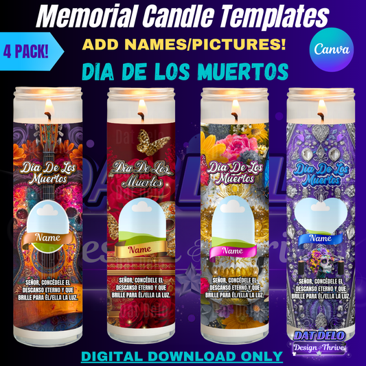 Dia De Los Muertos Candle Template Bundle | 4-Pack Editable Canva Designs + Blank Candle Mockups, 2 Sizes Included