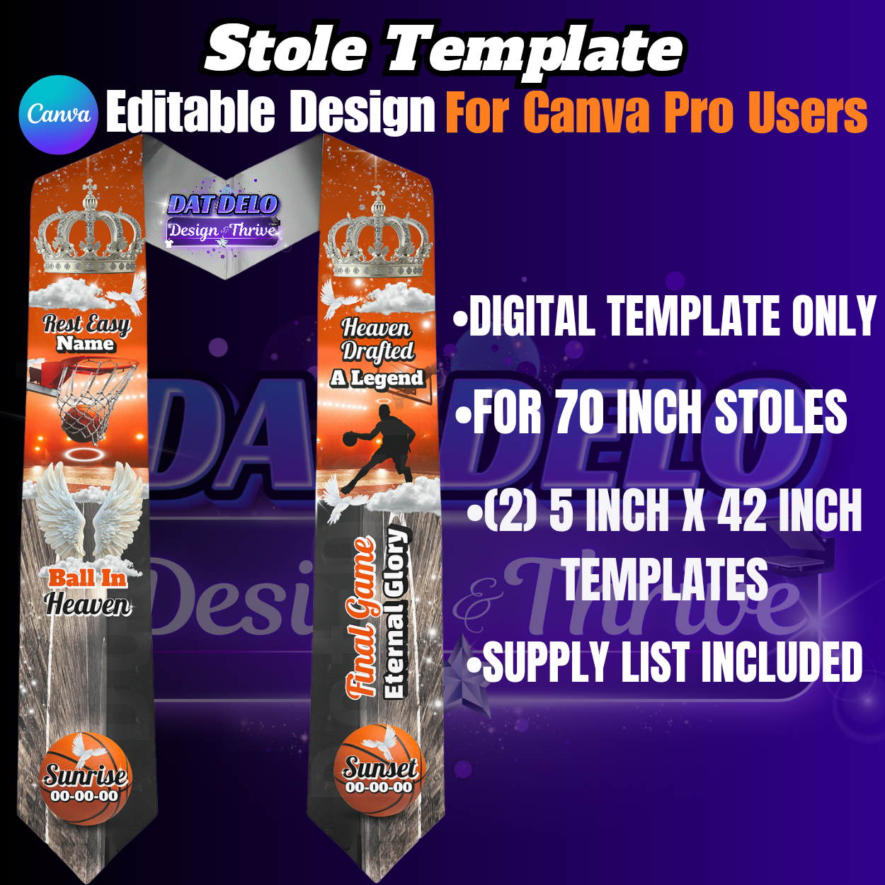 Editable Basketball Memorial Stole Design & Supply List (CanvaPro)