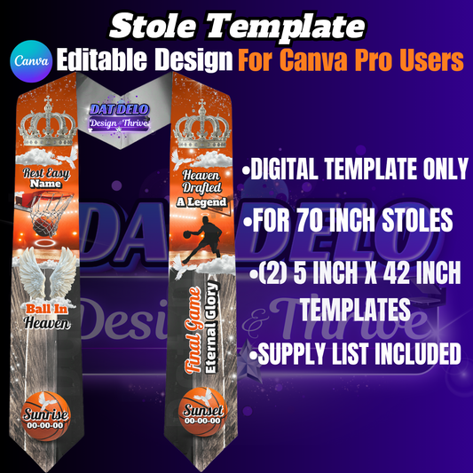 Editable Basketball Memorial Stole Design & Supply List (CanvaPro)