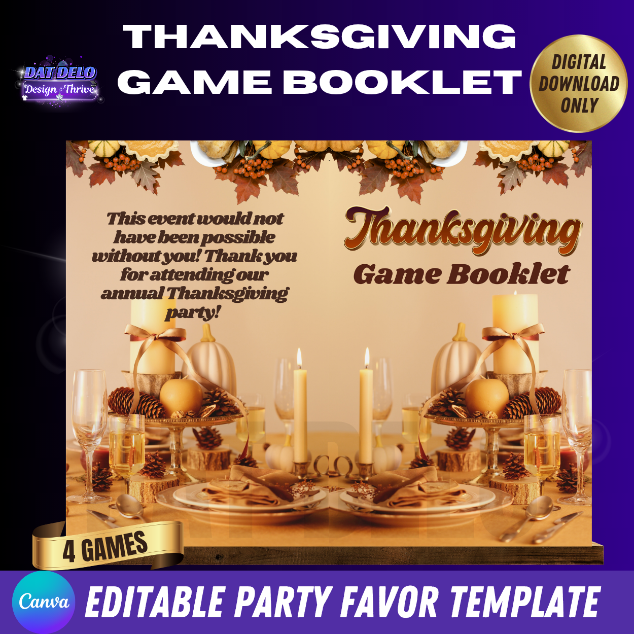 Thanksgiving Game Book Template, Editable In Canva (4 Games Included!)