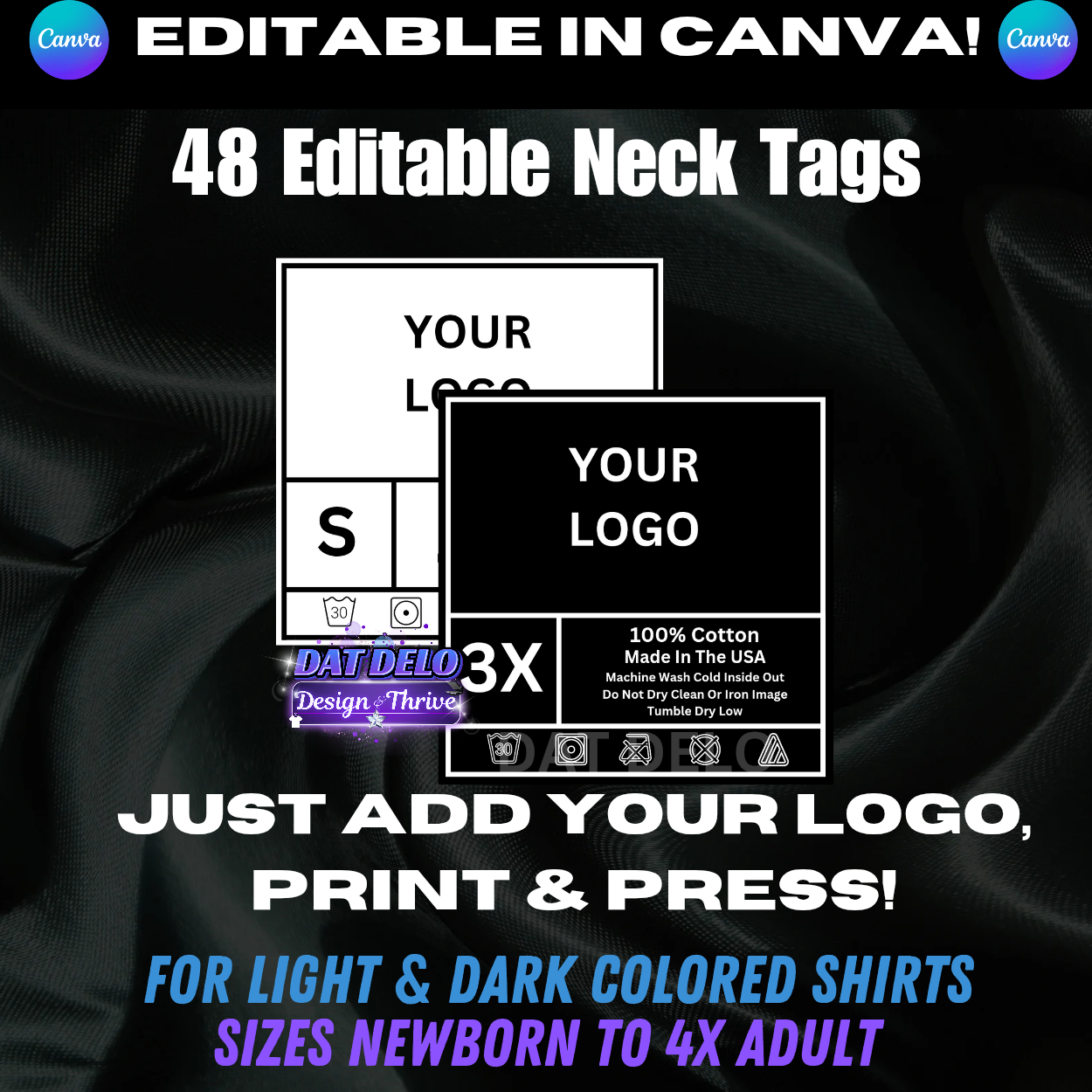 48 Editable Neck Tags, Size Newborn to Adult 4x (Canva Pro)