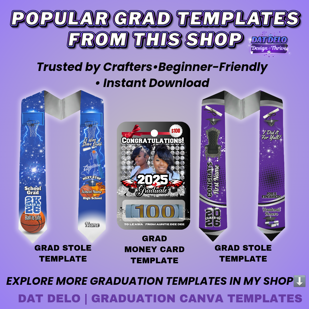 Diamond Blue Graduation Stole Template | Editable Canva Design for 70 Inch Stoles | Class of 2026 Sublimation Download