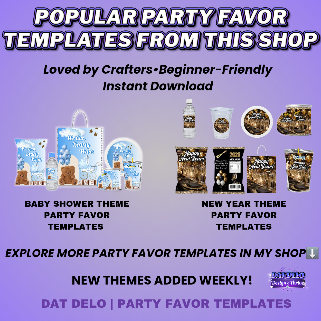 Purple Christmas Party Favor Design & Mockups (Edit In Canva!) 7 Pre-Sized Templates