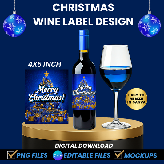Blue Christmas Wine Bottle Label Design, PNG + Editable Canva Template, Mockups Included