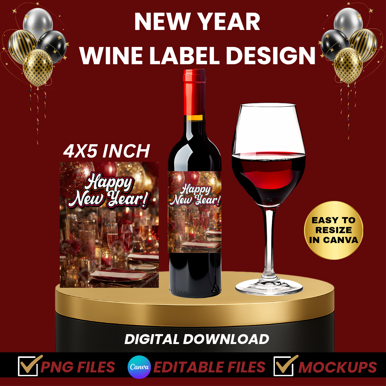 Red New Year Wine Bottle Label Design, PNG + Editable Canva Template, Mockups Included