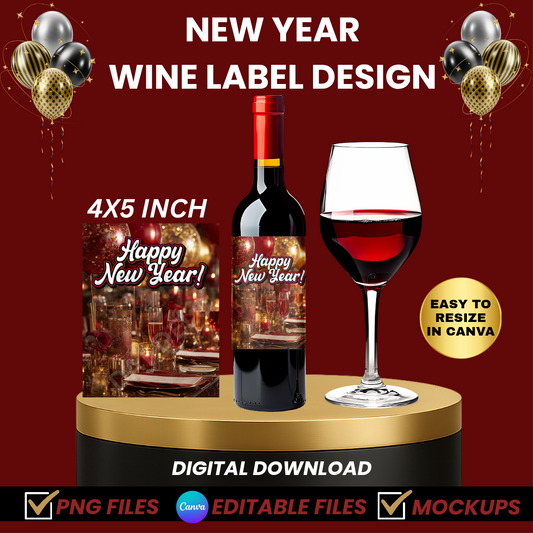 Red New Year Wine Bottle Label Design, PNG + Editable Canva Template, Mockups Included