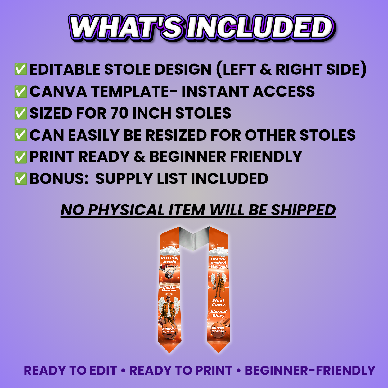 Orange Basketball Memorial Stole Design Editable Template (Includes Supply List)