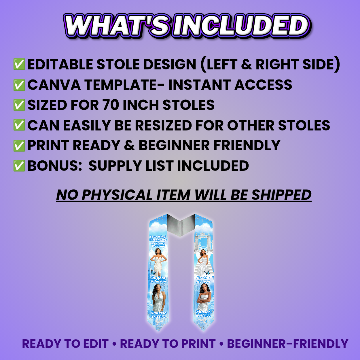 Blue Memorial Stole Design Editable Template (Includes Supply List)