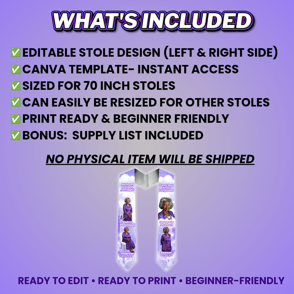 Purple Memorial Stole Design Editable Template (Includes Supply List)