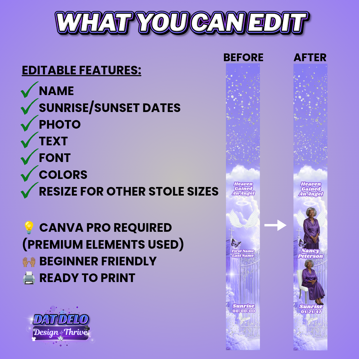 Purple Memorial Stole Design Editable Template (Includes Supply List)