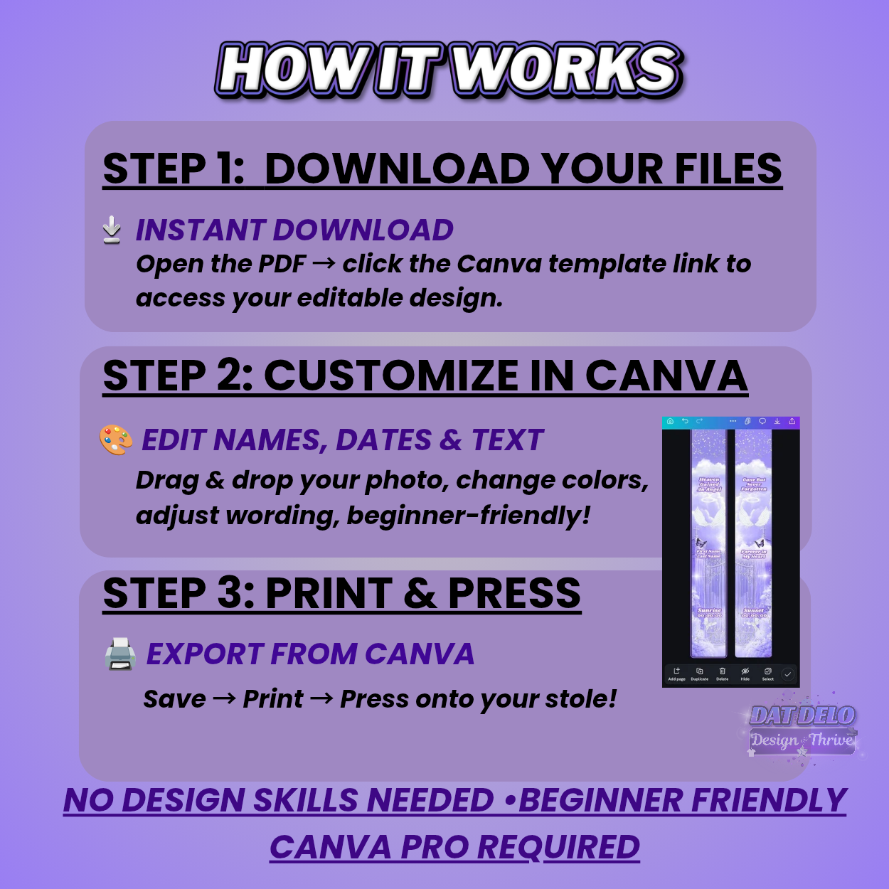 Purple Memorial Stole Design Editable Template (Includes Supply List)