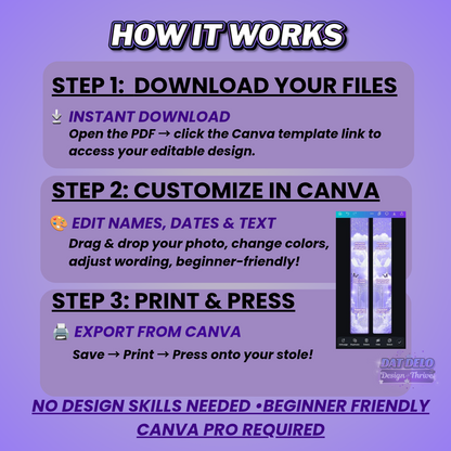 Purple Memorial Stole Design Editable Template (Includes Supply List)