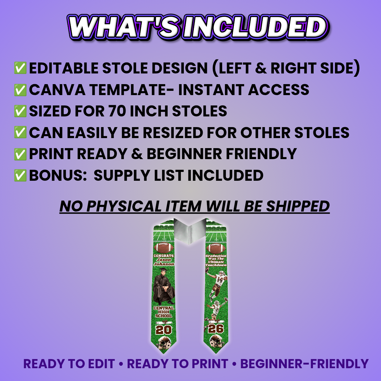 Green Football Grad Stole Design Editable Template (Includes Supply List)