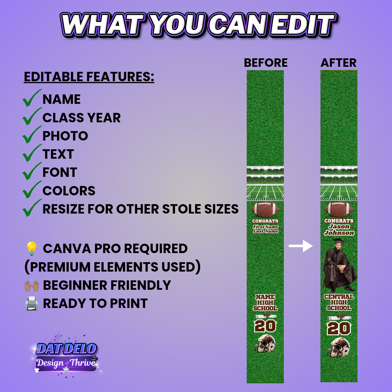 Green Football Grad Stole Design Editable Template (Includes Supply List)