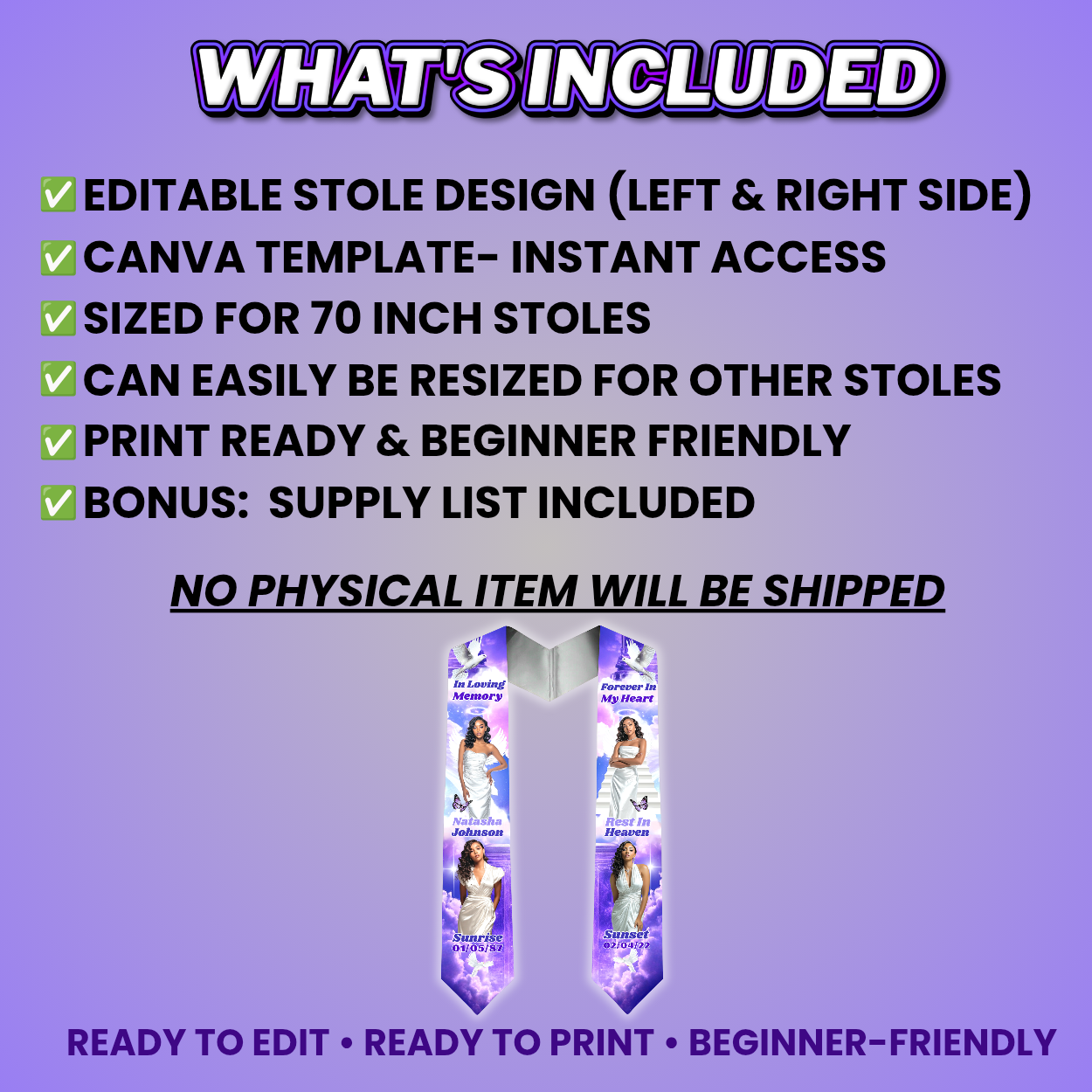 Purple Memorial Stole Design Editable Template (Includes Supply List)