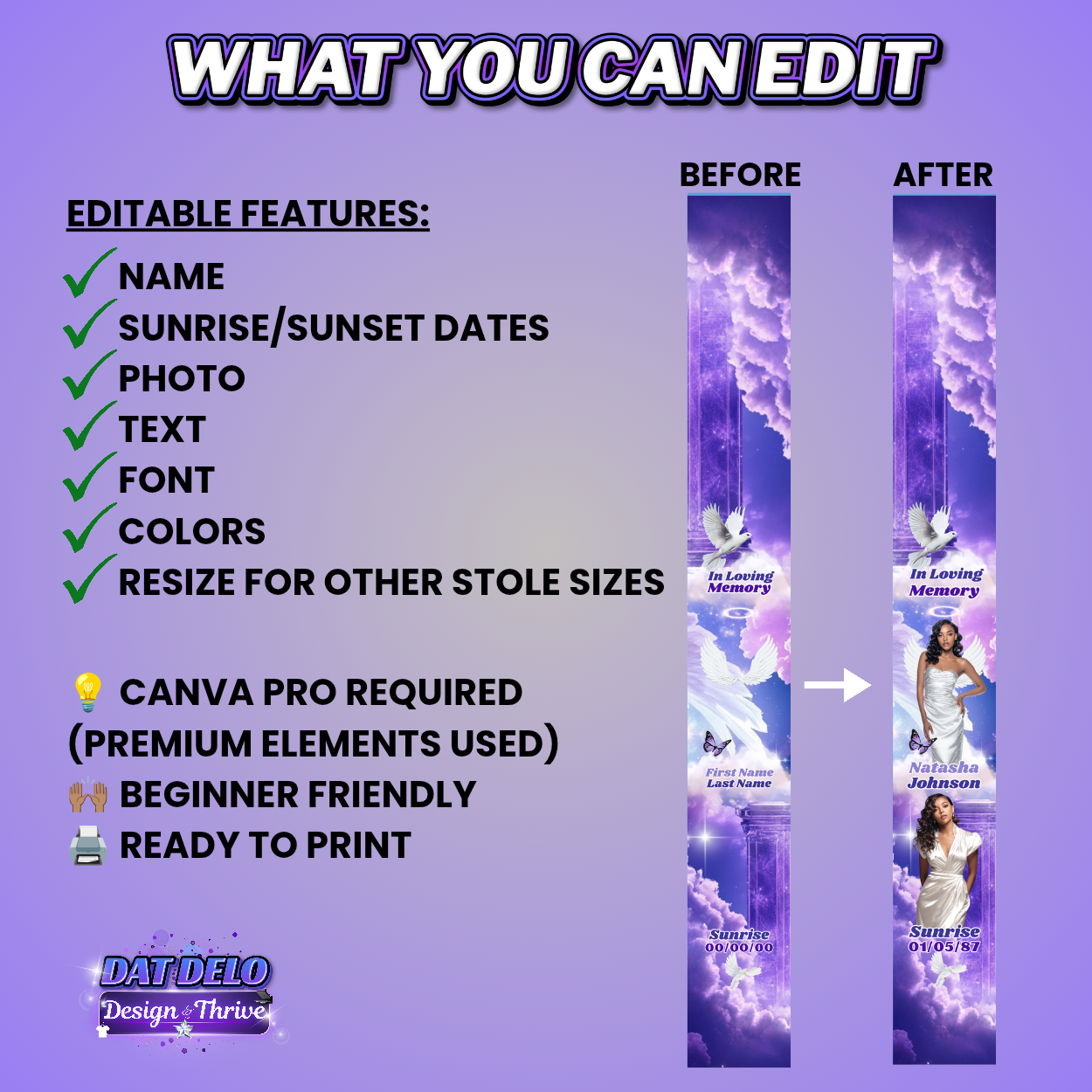 Purple Memorial Stole Design Editable Template (Includes Supply List)