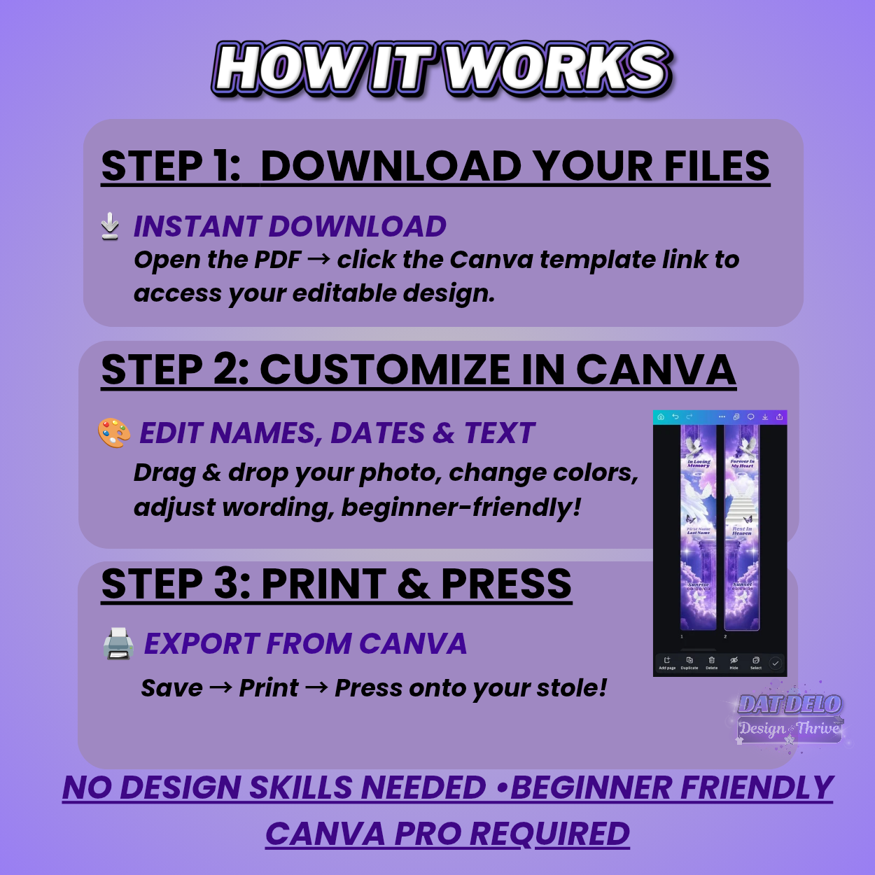 Purple Memorial Stole Design Editable Template (Includes Supply List)