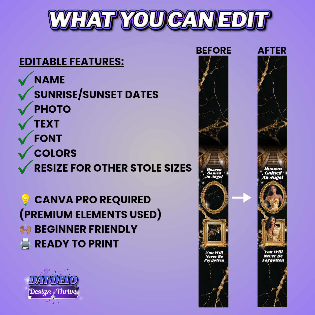Black Gold Memorial Stole Design Editable Template (Includes Supply List)