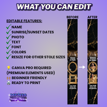 Black Gold Memorial Stole Design Editable Template (Includes Supply List)