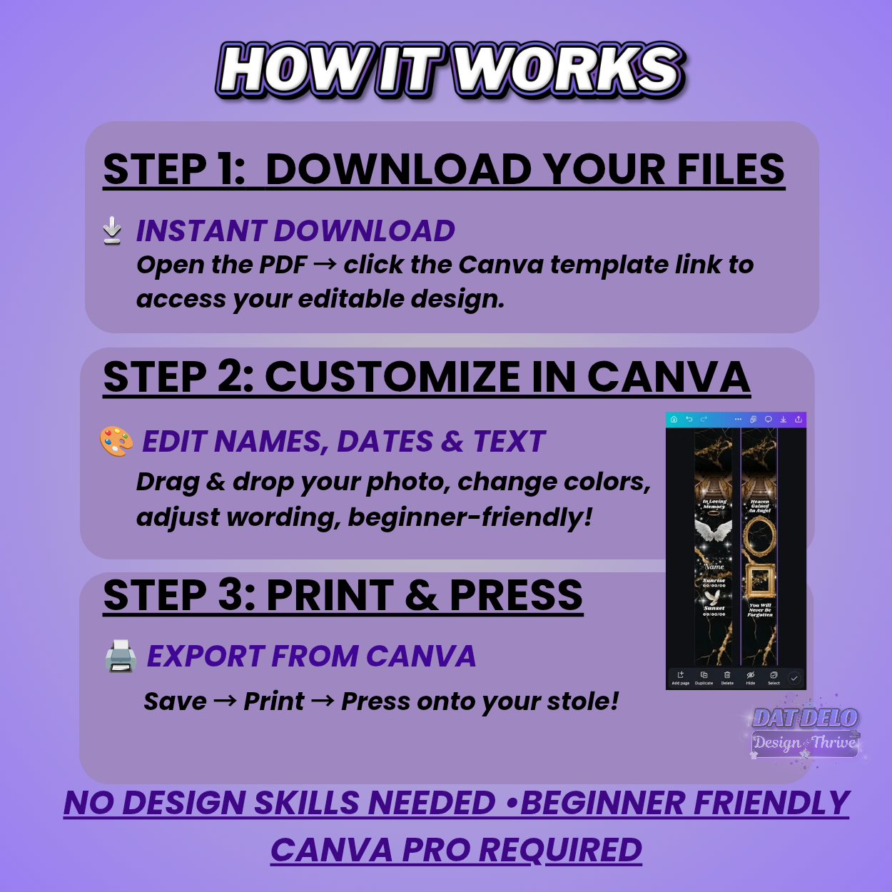 Black Gold Memorial Stole Design Editable Template (Includes Supply List)