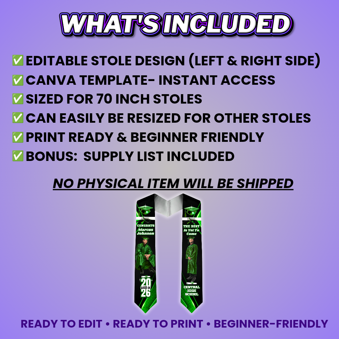 Green Grad Stole Design Editable Template (Includes Supply List)