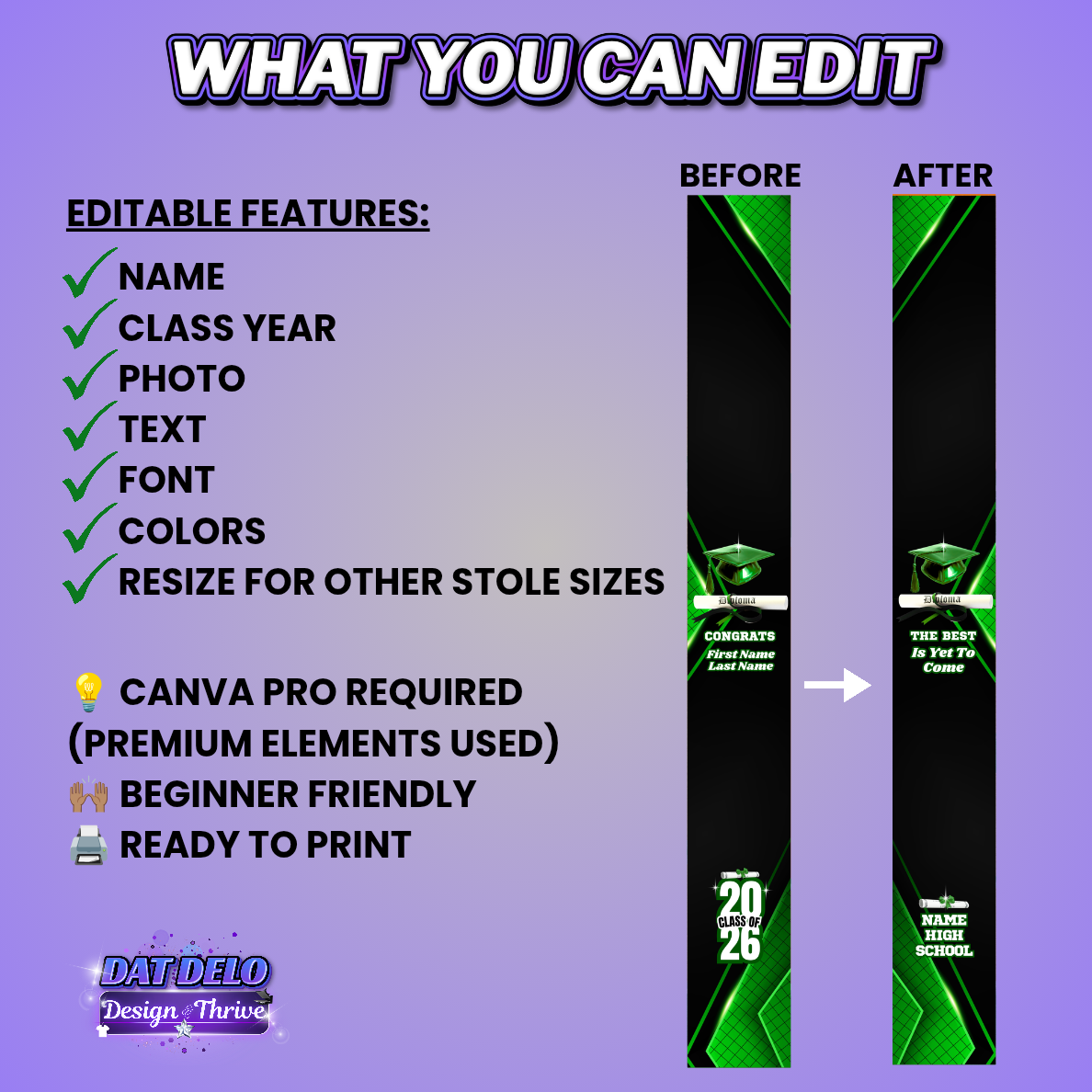 Green Grad Stole Design Editable Template (Includes Supply List)
