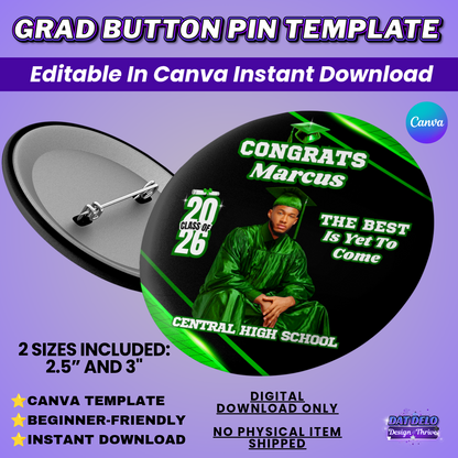 Green Black Grad Button Pin Design Editable Template
