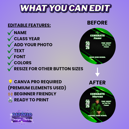 Green Black Grad Button Pin Design Editable Template