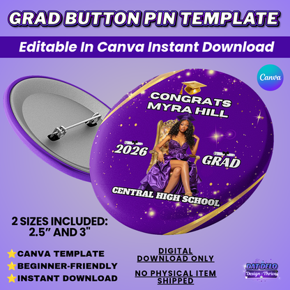 Purple Gold Grad Button Pin Design Editable Template