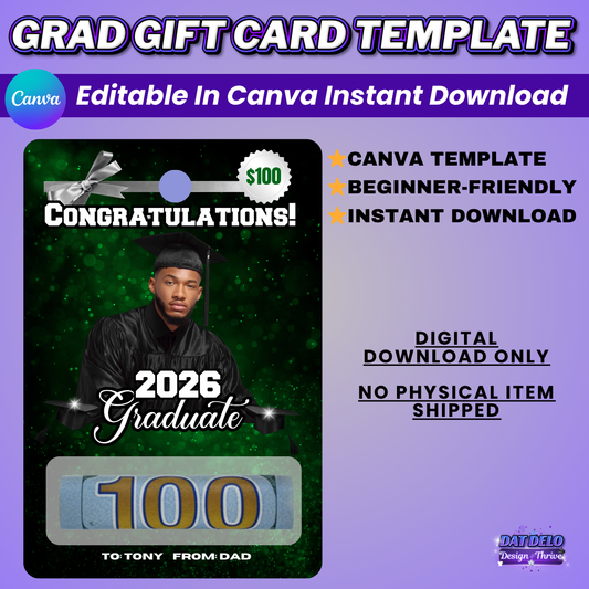 Green Grad Money Card Template Editable Design (Includes Supply List)