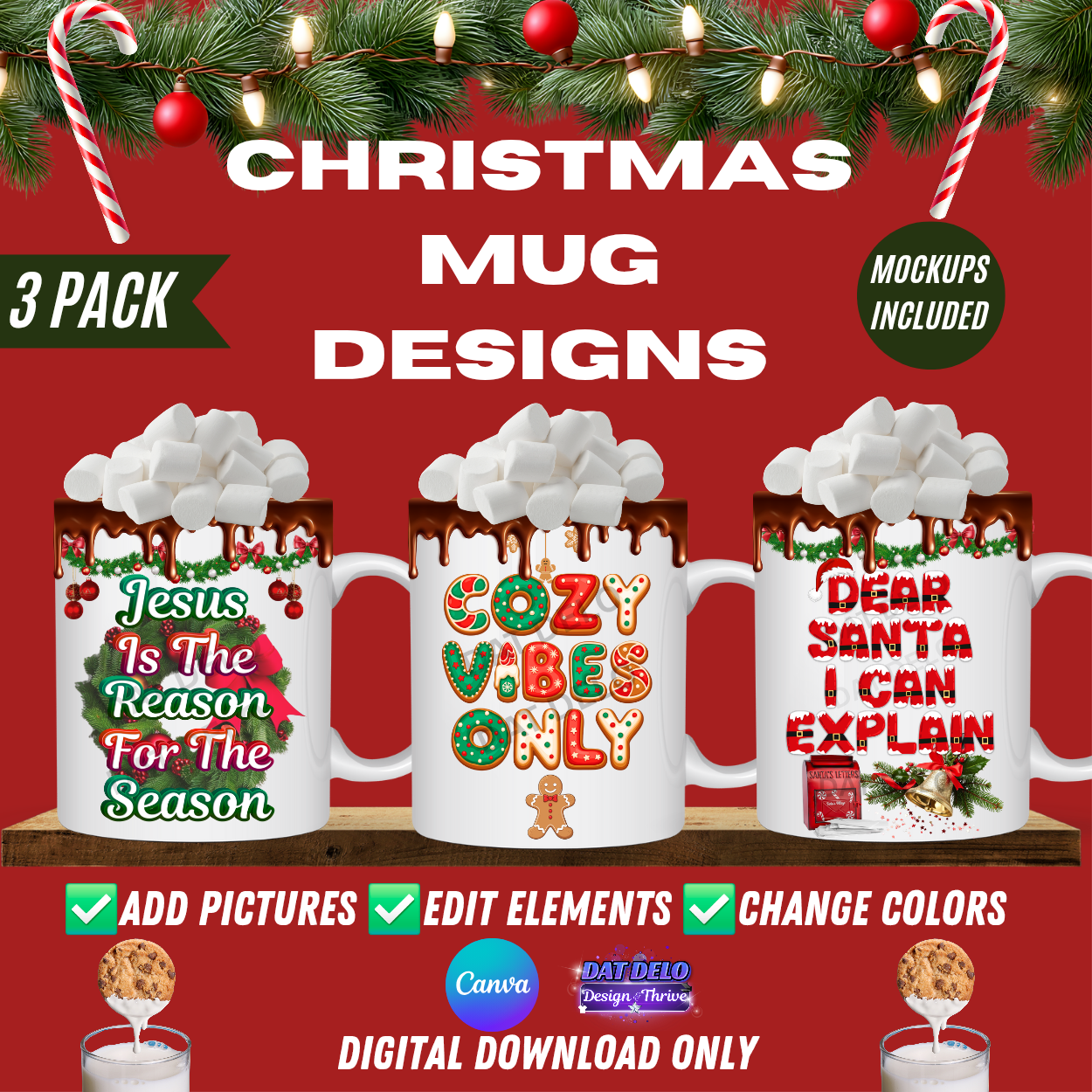 3 Christmas Theme Mug Designs, 6 Mockups Included! (Canva Templates)