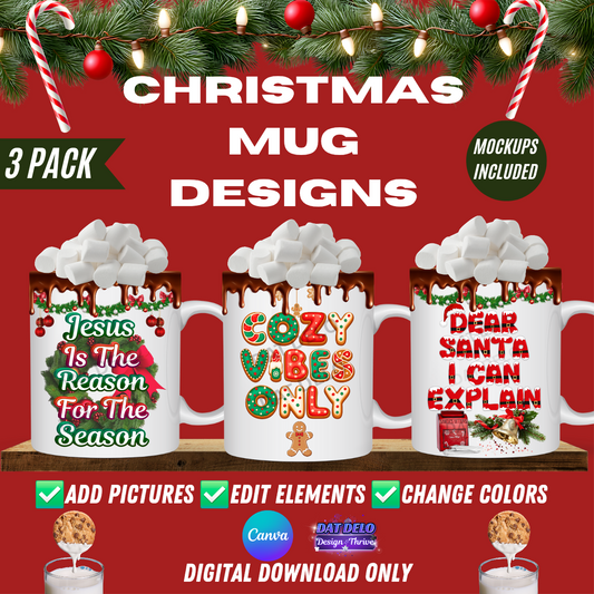 3 Christmas Theme Mug Designs, 6 Mockups Included! (Canva Templates)