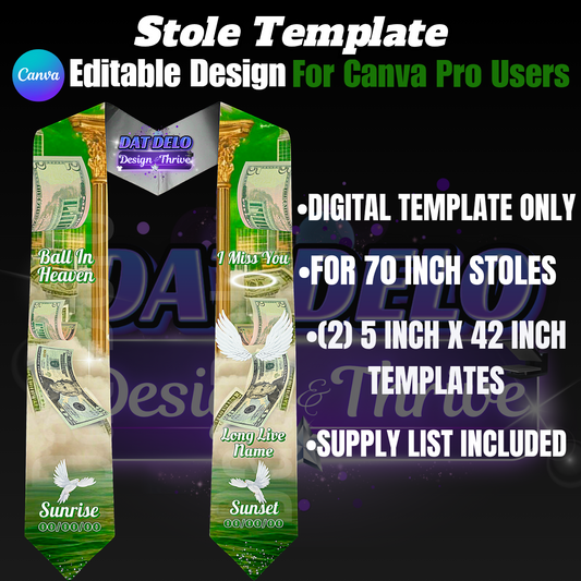 Money Green Editable Memorial Stole Design & Supply List (CanvaPro)