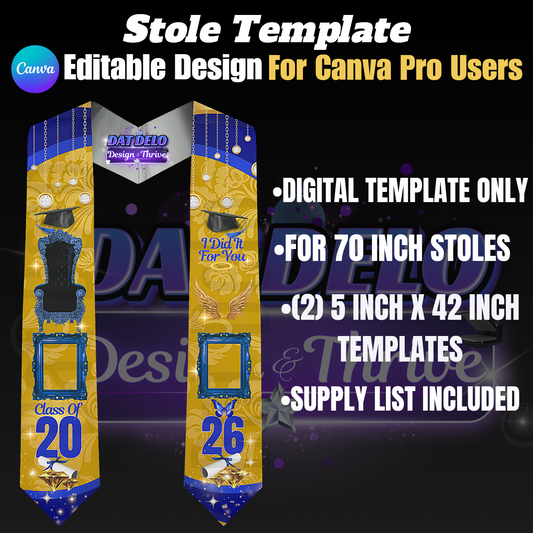 Editable Luxury Gold & Blue Grad Stole Design & Supply List