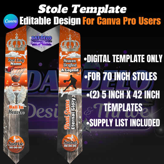 Editable Basketball Memorial Stole Design & Supply List (CanvaPro)