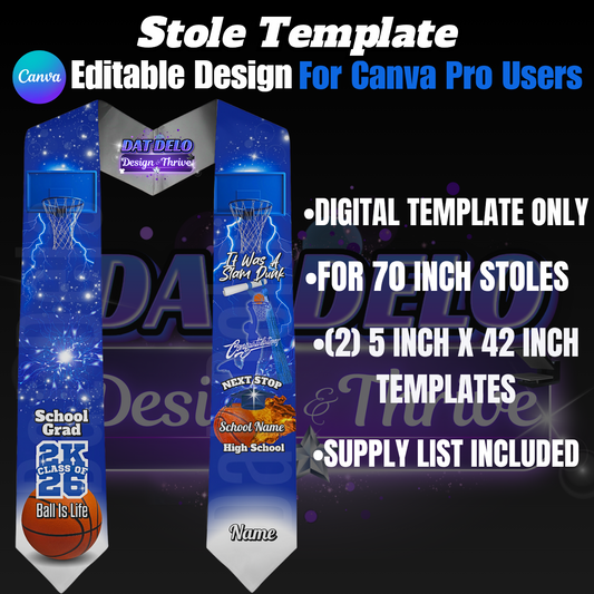 Editable Basketball Grad Stole Design & Supply List (CanvaPro)