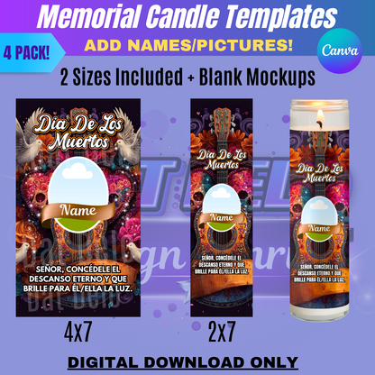 Dia De Los Muertos Candle Template Bundle | 4-Pack Editable Canva Designs + Blank Candle Mockups, 2 Sizes Included