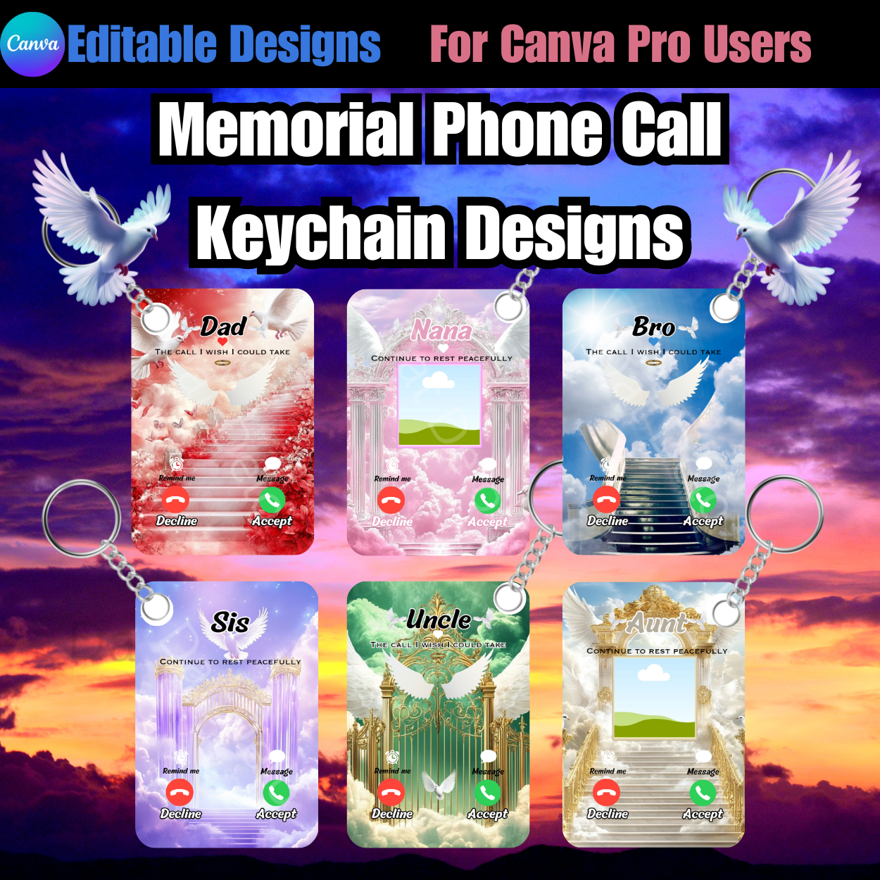 Memorial Phone Call Keychain Bundle, 6 Editable Designs (Canva)