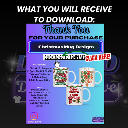 3 Christmas Theme Mug Designs, 6 Mockups Included! (Canva Templates)