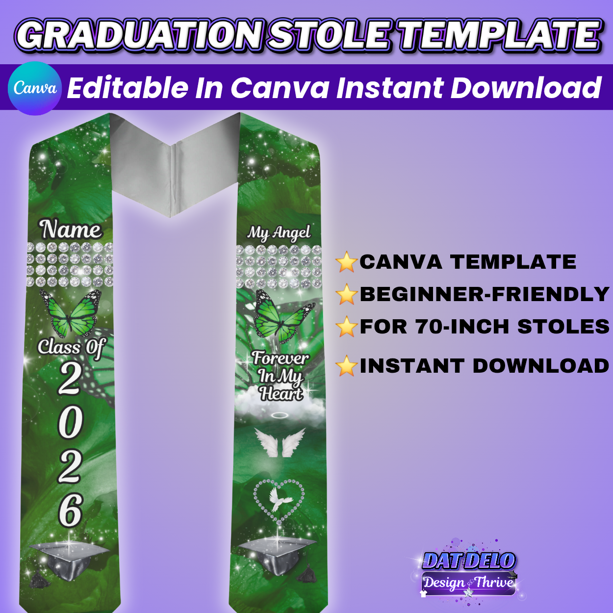 Green Butterfly Editable Grad Stole Design(Includes Supply List)