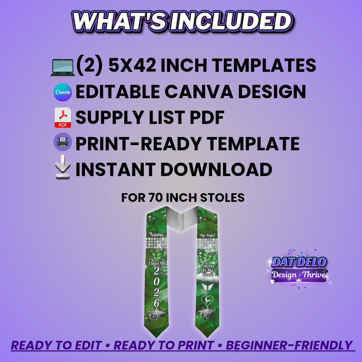 Green Butterfly Editable Grad Stole Design(Includes Supply List)