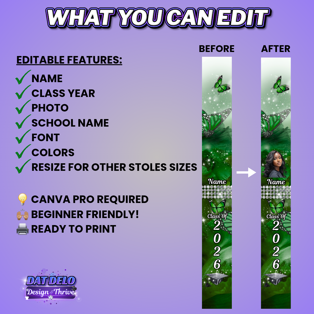 Green Butterfly Editable Grad Stole Design(Includes Supply List)