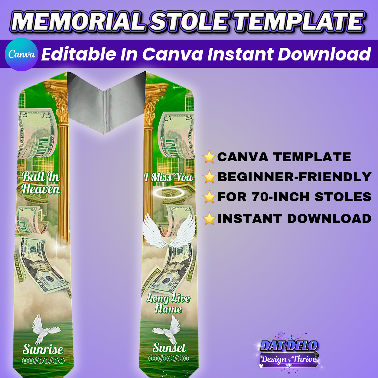 Money Green Editable Memorial Stole Design & Supply List (CanvaPro)